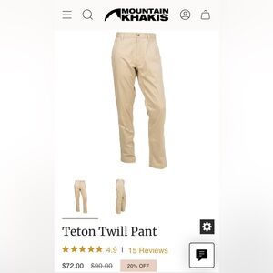 Mountain Khakis 36x34 Teton Twill Pants - Beige